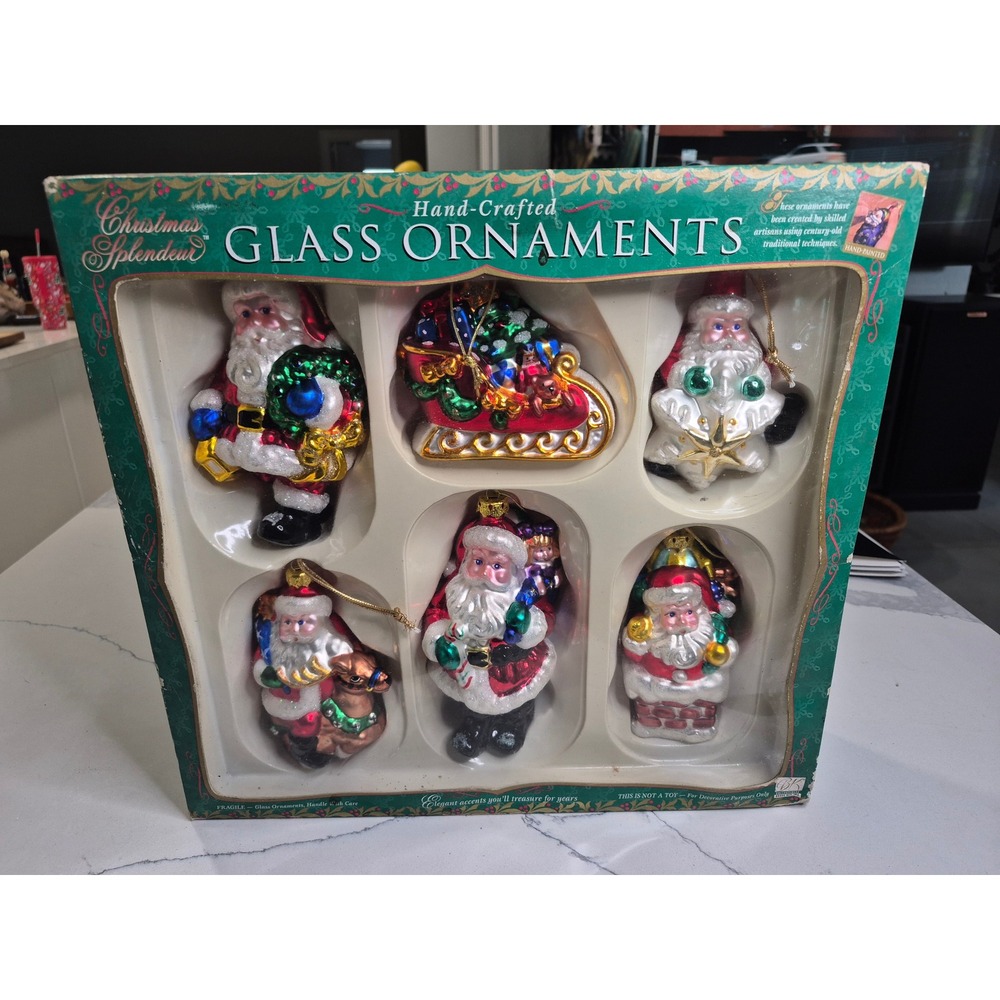Christmas Splendour Glass Ornaments 6 Santa Sleigh‎ Hand Painted Brass Key 2301